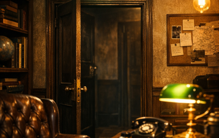 Escape room interior showing the emergency exit door — you're never actually locked in an escape room