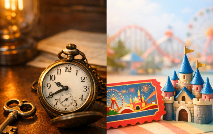 Vintage escape room key and pocket watch alongside a theme park ticket and toy castle — escape room vs Disneyland comparison