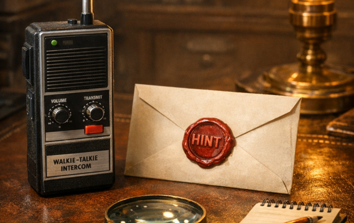 Vintage walkie-talkie and sealed HINT envelope on a detective desk — how escape room hints actually work