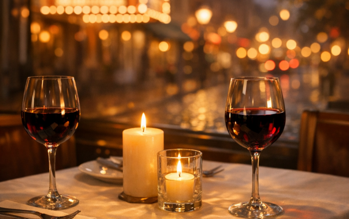 Romantic restaurant table for two with wine and candlelight — date night in Downtown Fullerton itinerary