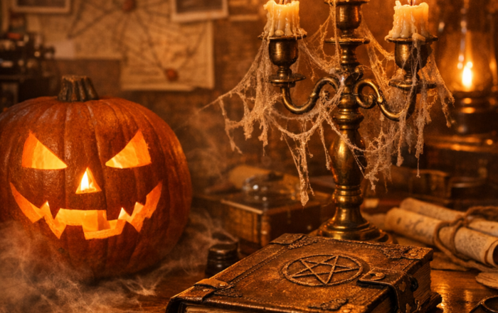Halloween-themed escape room with jack-o-lantern, cobwebs, and candelabra — halloween escape rooms in Orange County